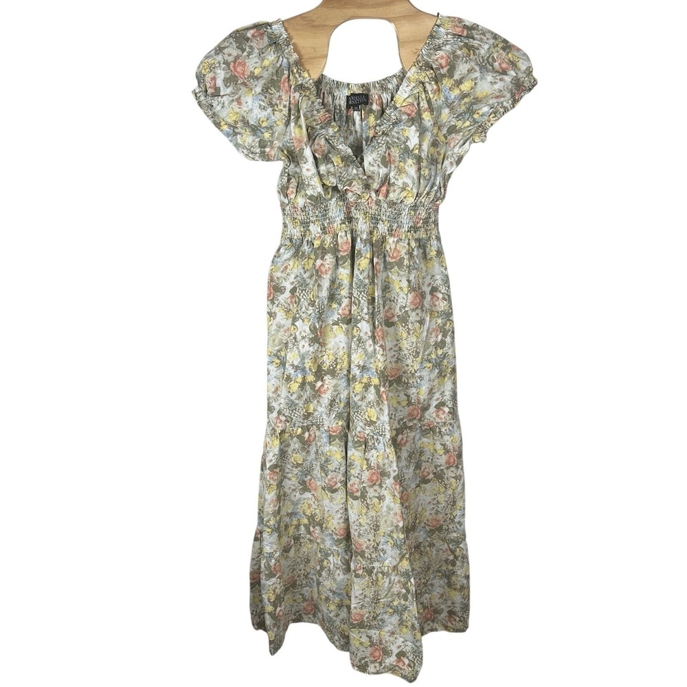 Danielle Bernstein Floral‎ Poplin Maxi Dress Size 2X Yellow Pink Smocked Cottage